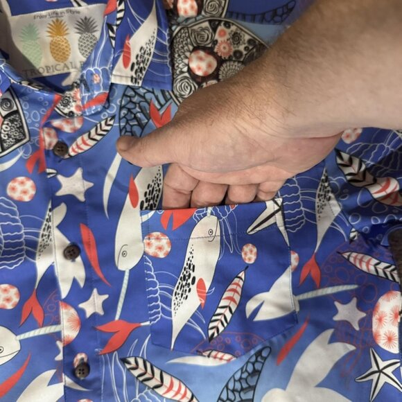 Tropical Bros Shirt Mens Medium Blue Hawaiian Button Up Short Sleeve Stretch - Picture 3 of 8